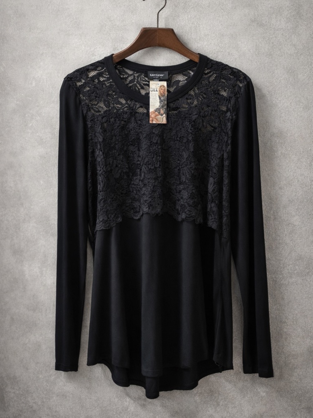 Karen Kane Lace Overlay Top XL Black Made in USA NWT Long Sleeve Blouse